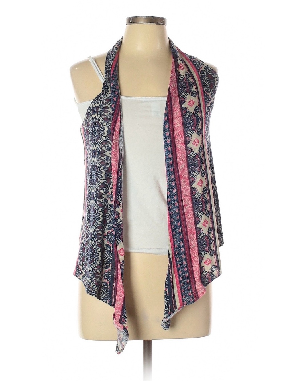 SELF ESTEEM Navy, Pink & Cream Draped Sleeveless Cardigan Boho Vest Waterfall